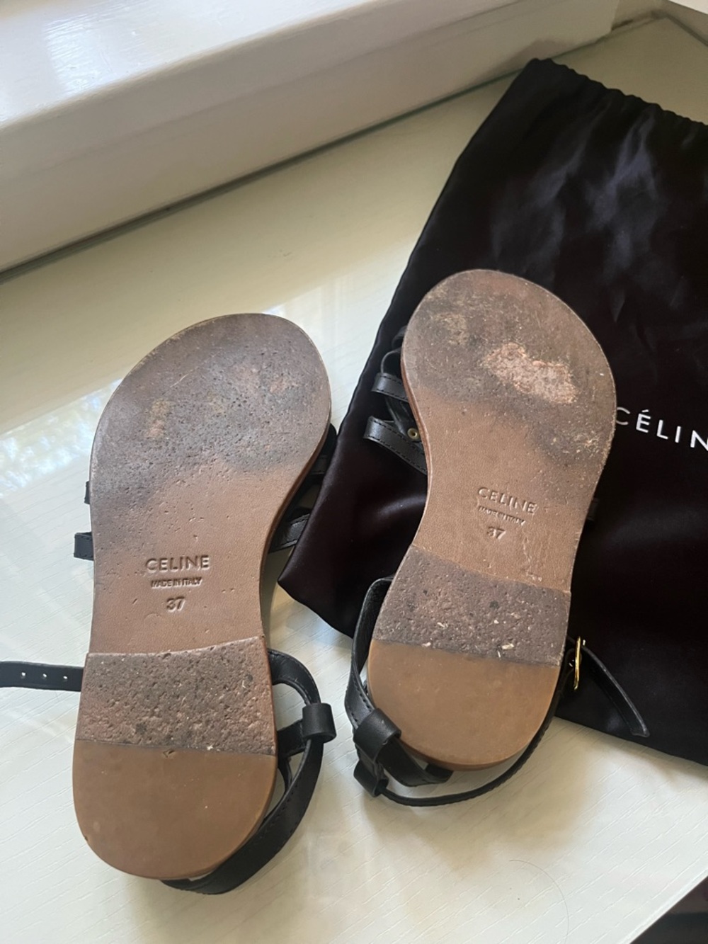 Celine Black Leather Strappy Sandals with Gold Emblem - Picture 3 of 3